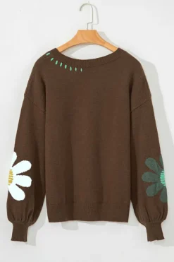 Hot Dear-Lover Big Flower Pattern V Neck Drop Shoulder Sweater Coffee