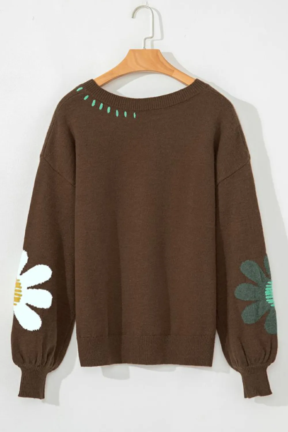Hot Dear-Lover Big Flower Pattern V Neck Drop Shoulder Sweater Coffee