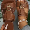 Outlet Dear-Lover Buckle Decor Dual Bands PU Leather Flat Slippers Coffee
