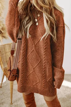 Clearance Dear-Lover Cable Knit Drop Shoulder Loose Fit Sweater Dress Coffee