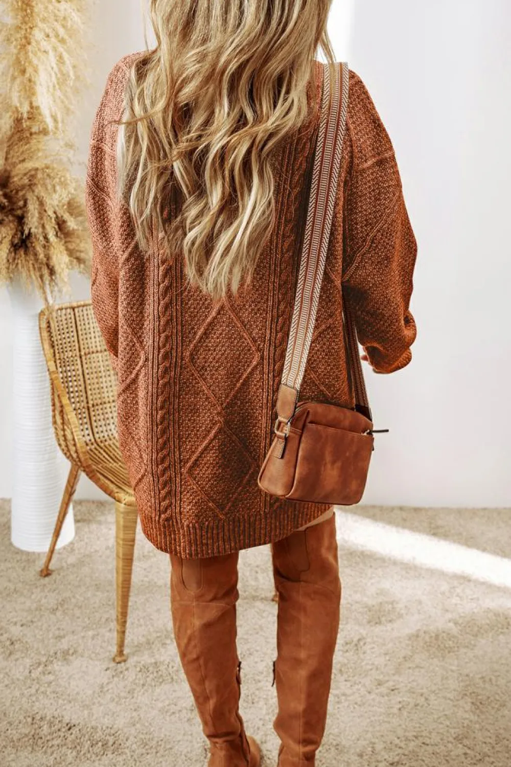 Clearance Dear-Lover Cable Knit Drop Shoulder Loose Fit Sweater Dress Coffee