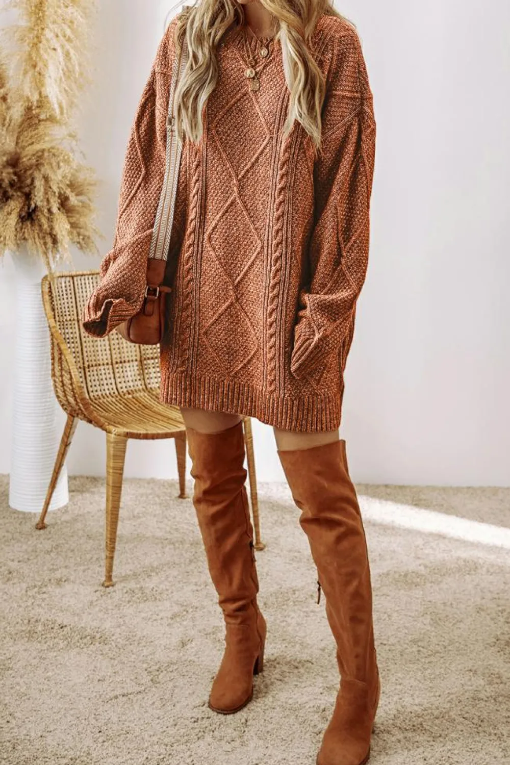Clearance Dear-Lover Cable Knit Drop Shoulder Loose Fit Sweater Dress Coffee