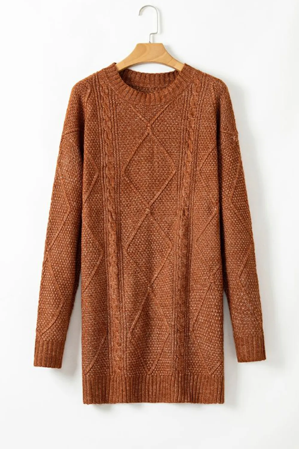 Clearance Dear-Lover Cable Knit Drop Shoulder Loose Fit Sweater Dress Coffee