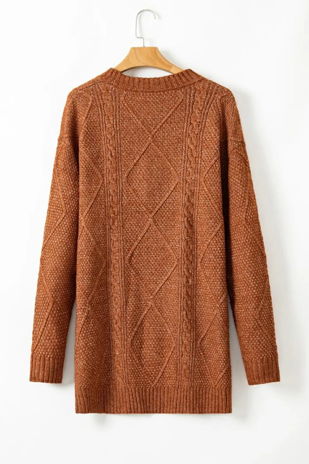 Clearance Dear-Lover Cable Knit Drop Shoulder Loose Fit Sweater Dress Coffee
