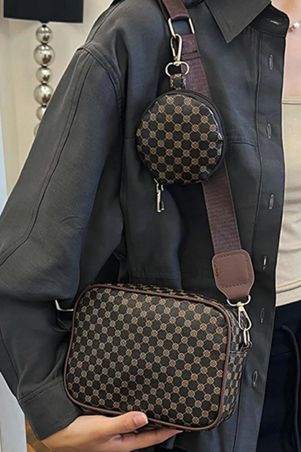 Best Dear-Lover Checkered Print PU Leather Shoulder Bag with Coin Wallet Coffee