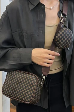 Best Dear-Lover Checkered Print PU Leather Shoulder Bag with Coin Wallet Coffee