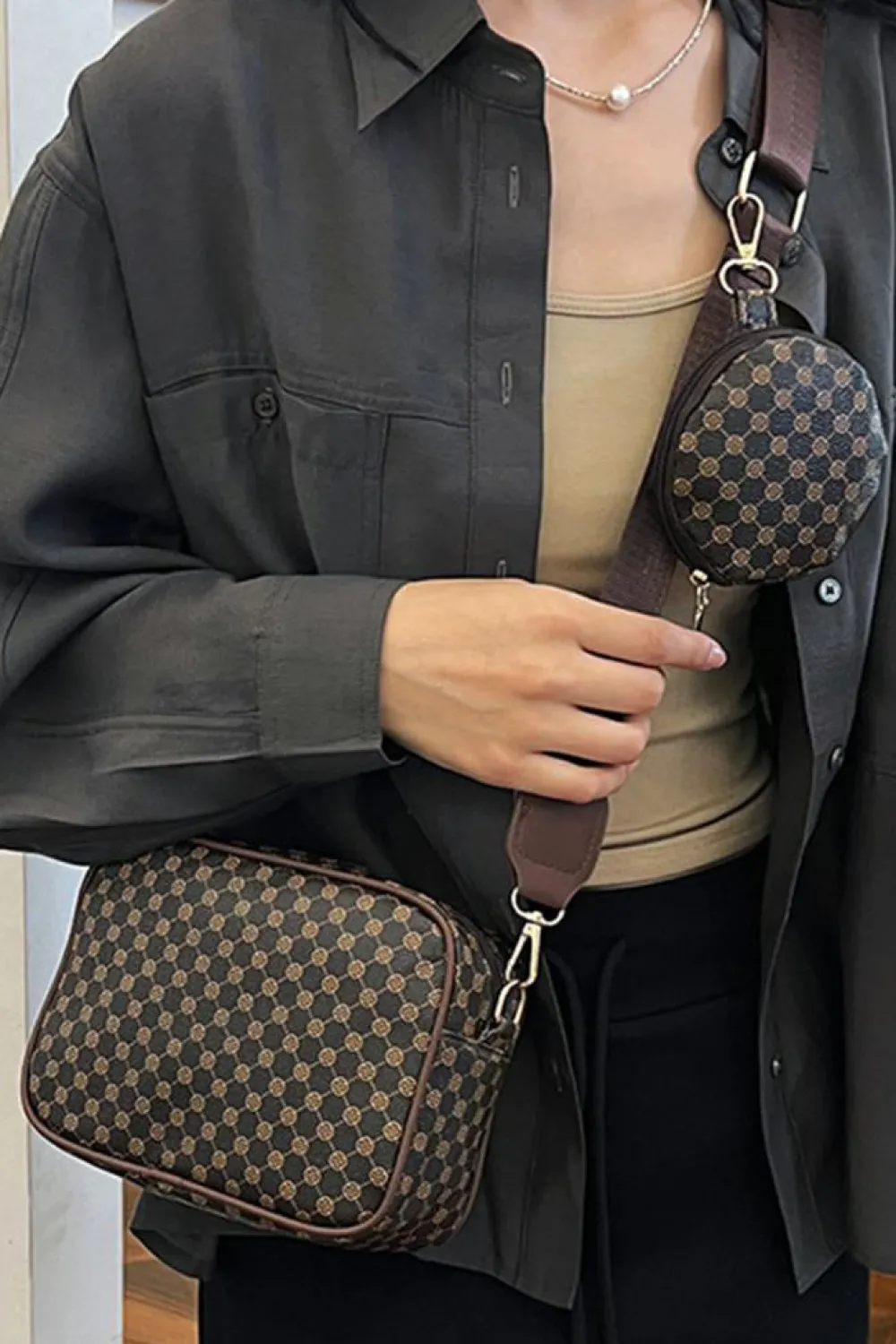 Best Dear-Lover Checkered Print PU Leather Shoulder Bag with Coin Wallet Coffee