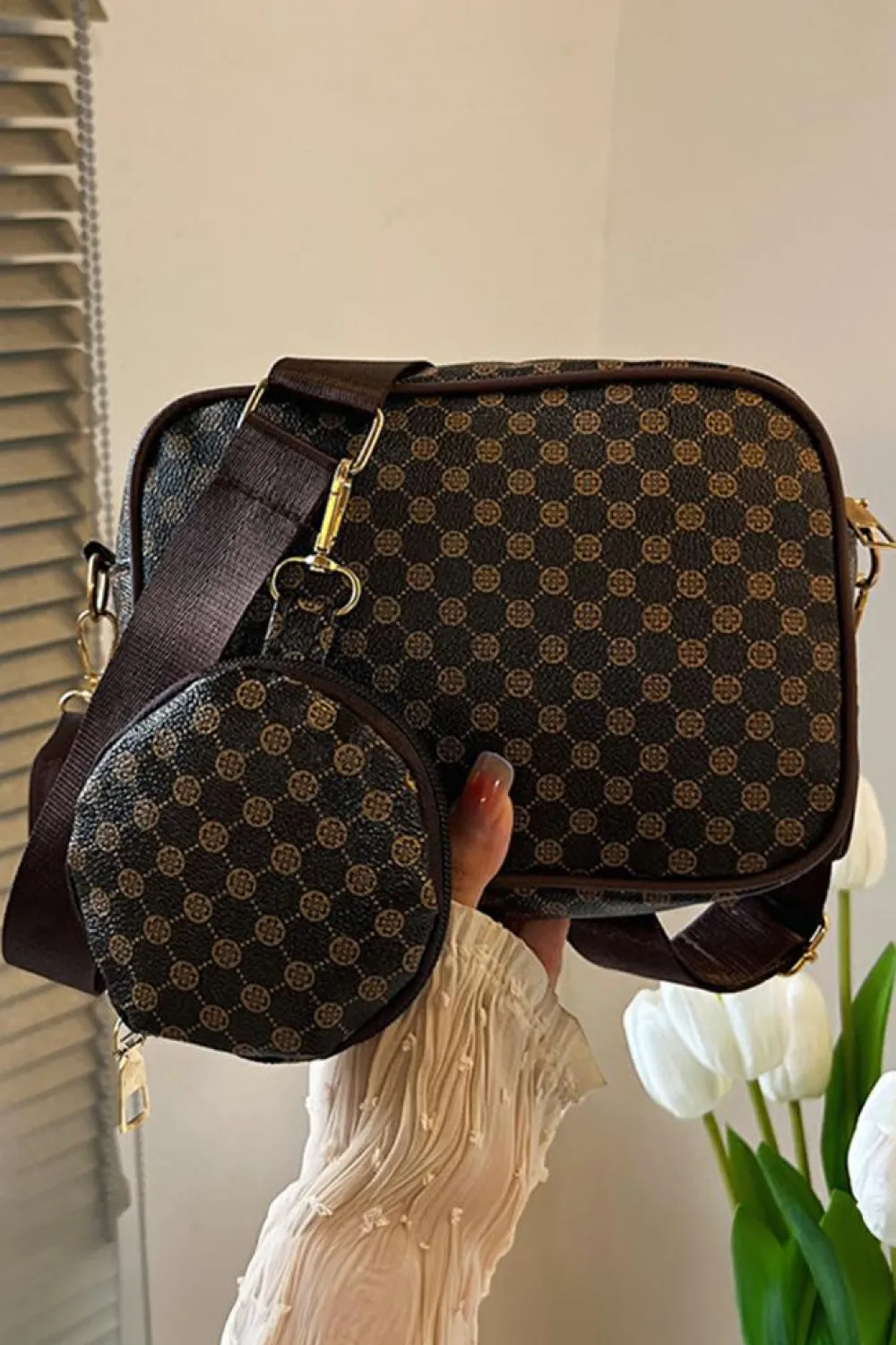 Best Dear-Lover Checkered Print PU Leather Shoulder Bag with Coin Wallet Coffee