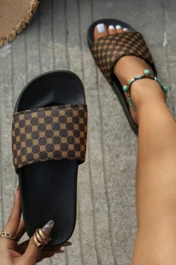 Best Dear-Lover Checkered Print PU Leather Thick Sole Slippers Coffee