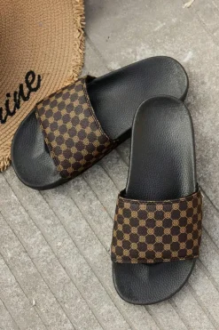 Best Dear-Lover Checkered Print PU Leather Thick Sole Slippers Coffee