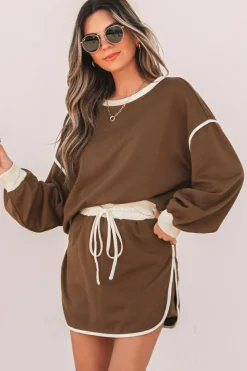 Hot Dear-Lover Color Contrast Loose Pullover and Lace-up Waist Skort Set Coffee