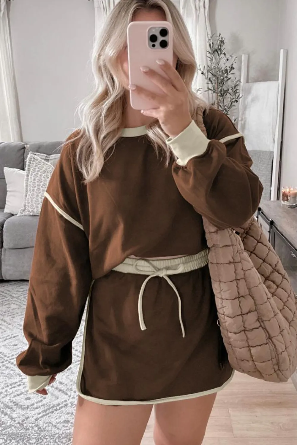 Hot Dear-Lover Color Contrast Loose Pullover and Lace-up Waist Skort Set Coffee