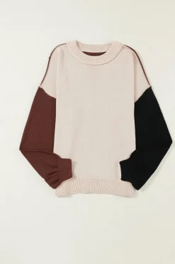 Hot Dear-Lover Colorblock Bishop Sleeve Ribbed Trim Sweater Coffee
