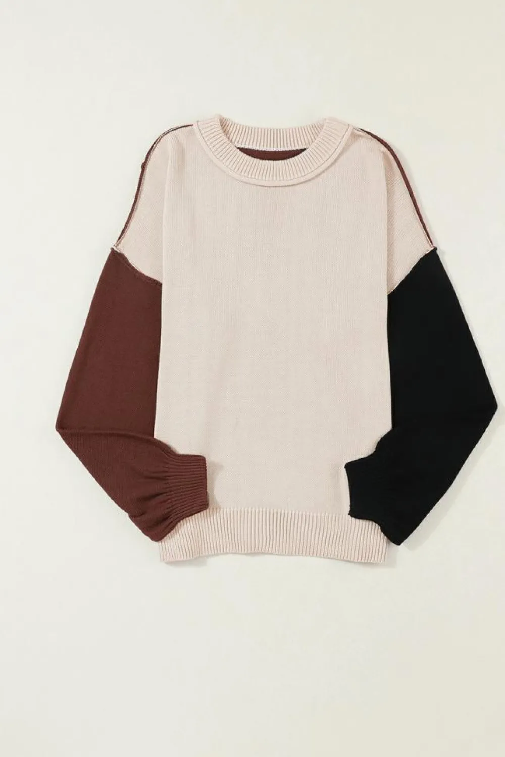 Hot Dear-Lover Colorblock Bishop Sleeve Ribbed Trim Sweater Coffee