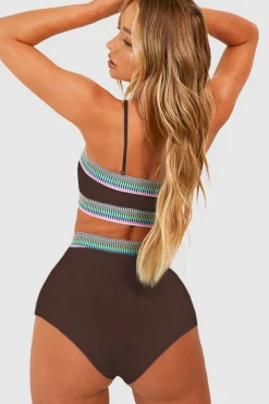 Best Dear-Lover Contrast Banding Tube Bikini High Waist 2pcs Swimsuit Coffee