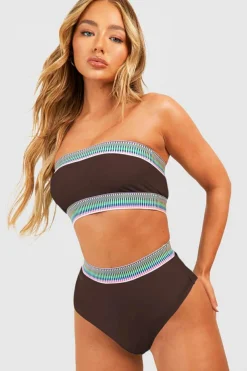 Best Dear-Lover Contrast Banding Tube Bikini High Waist 2pcs Swimsuit Coffee