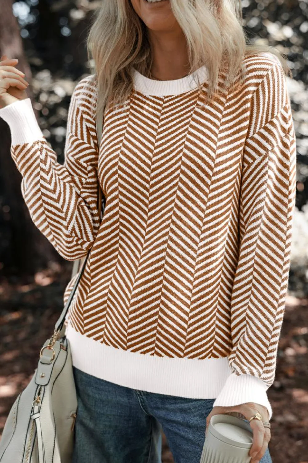 Fashion Dear-Lover Contrast Edge Crew Neck Drop Shoulder Sweater Coffee