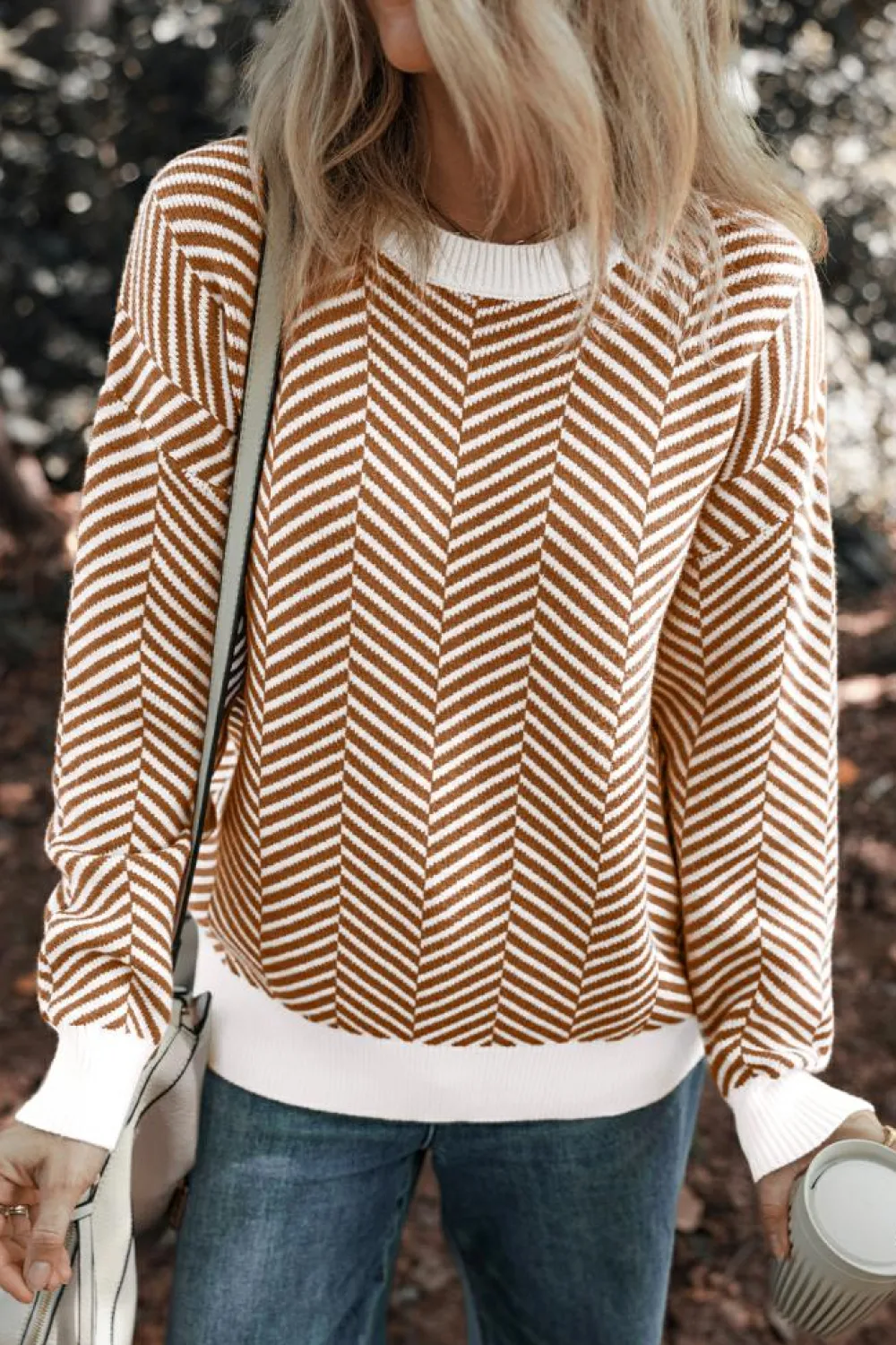 Fashion Dear-Lover Contrast Edge Crew Neck Drop Shoulder Sweater Coffee