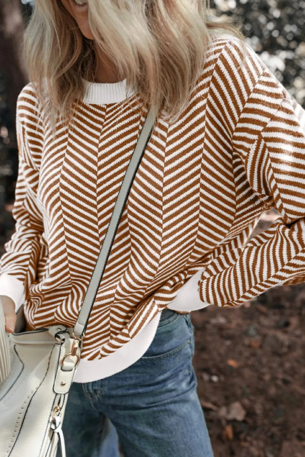 Fashion Dear-Lover Contrast Edge Crew Neck Drop Shoulder Sweater Coffee