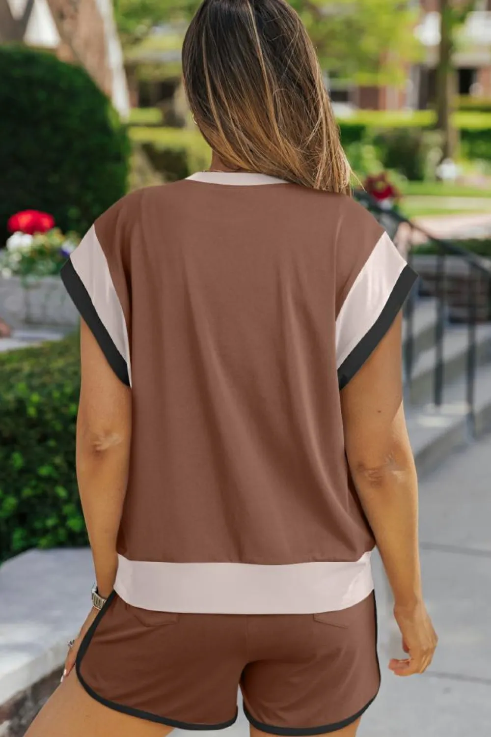 Clearance Dear-Lover Contrast Trim Cap Sleeve Tee Shorts Set Coffee