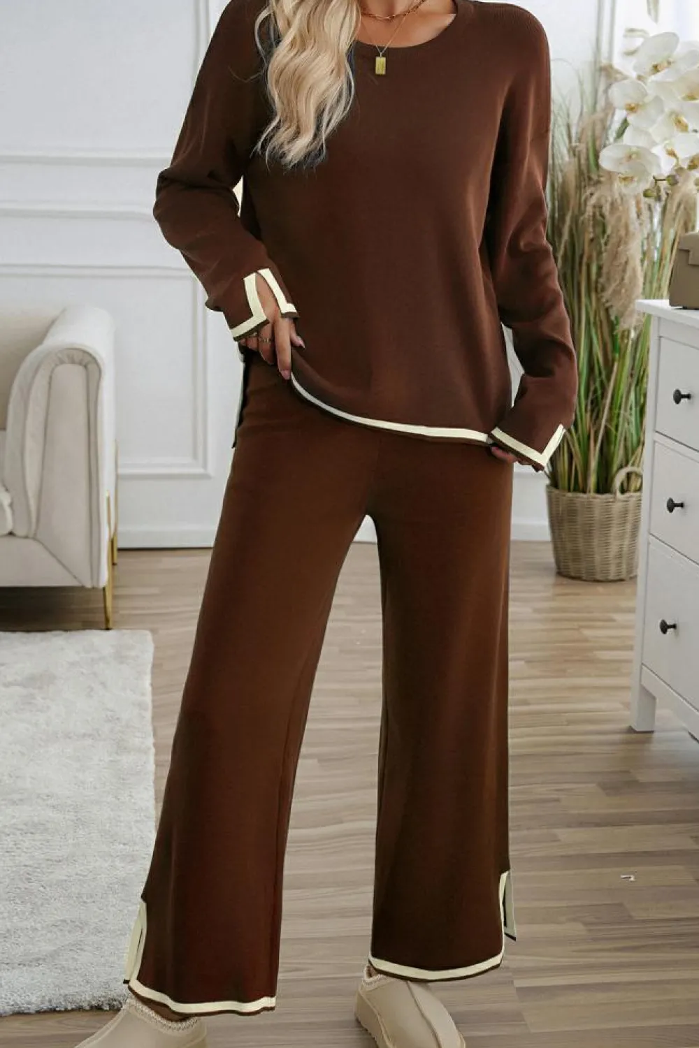 Hot Dear-Lover Contrast Trim Split Cuffs Long 2pcs Sweater Outfit Loungewear Coffee