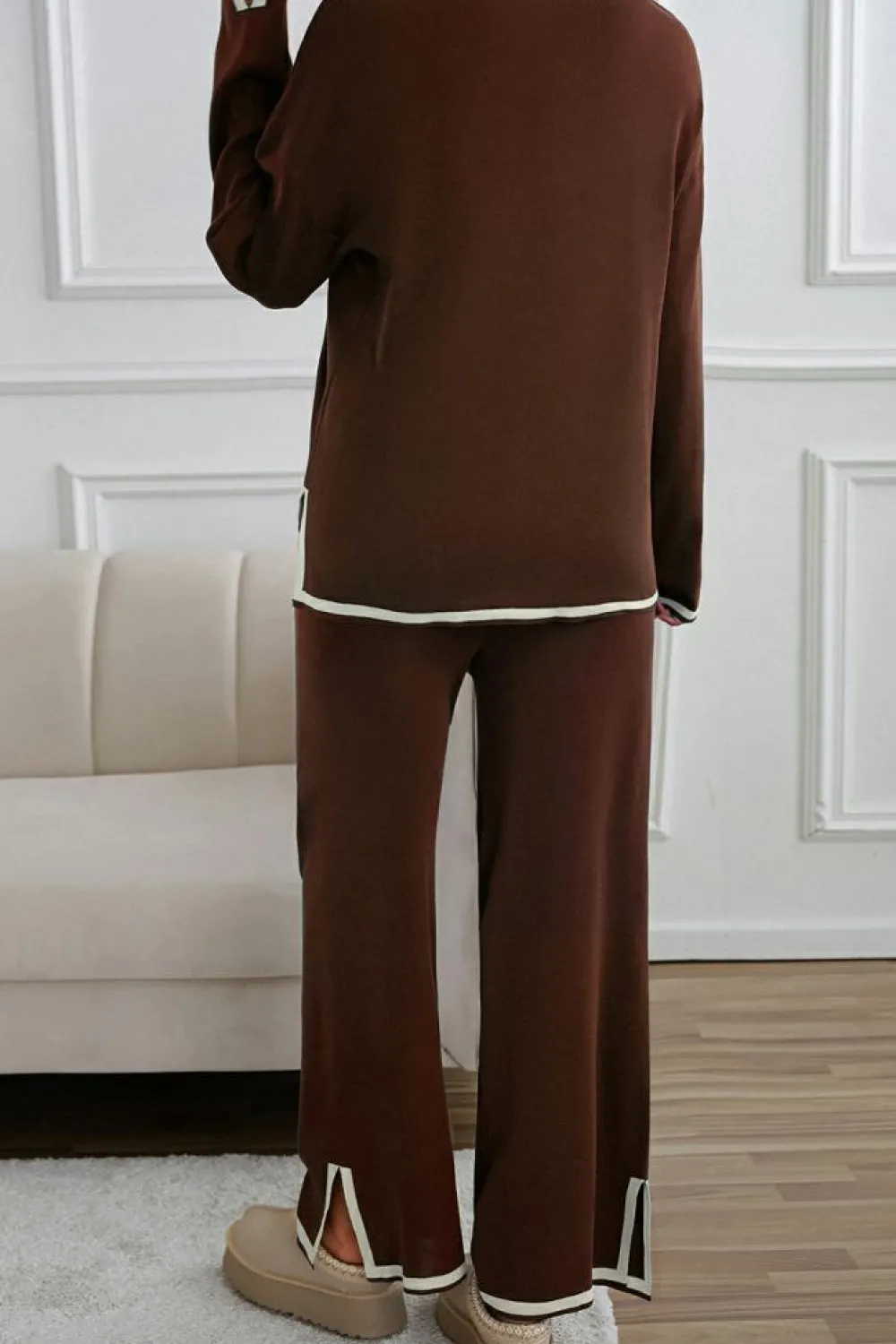 Hot Dear-Lover Contrast Trim Split Cuffs Long 2pcs Sweater Outfit Loungewear Coffee