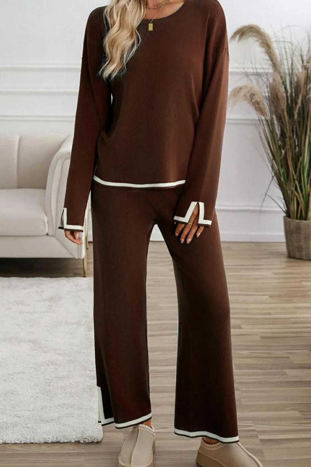 Hot Dear-Lover Contrast Trim Split Cuffs Long 2pcs Sweater Outfit Loungewear Coffee