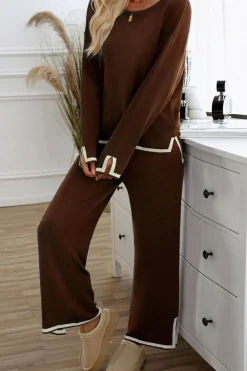 Hot Dear-Lover Contrast Trim Split Cuffs Long 2pcs Sweater Outfit Loungewear Coffee