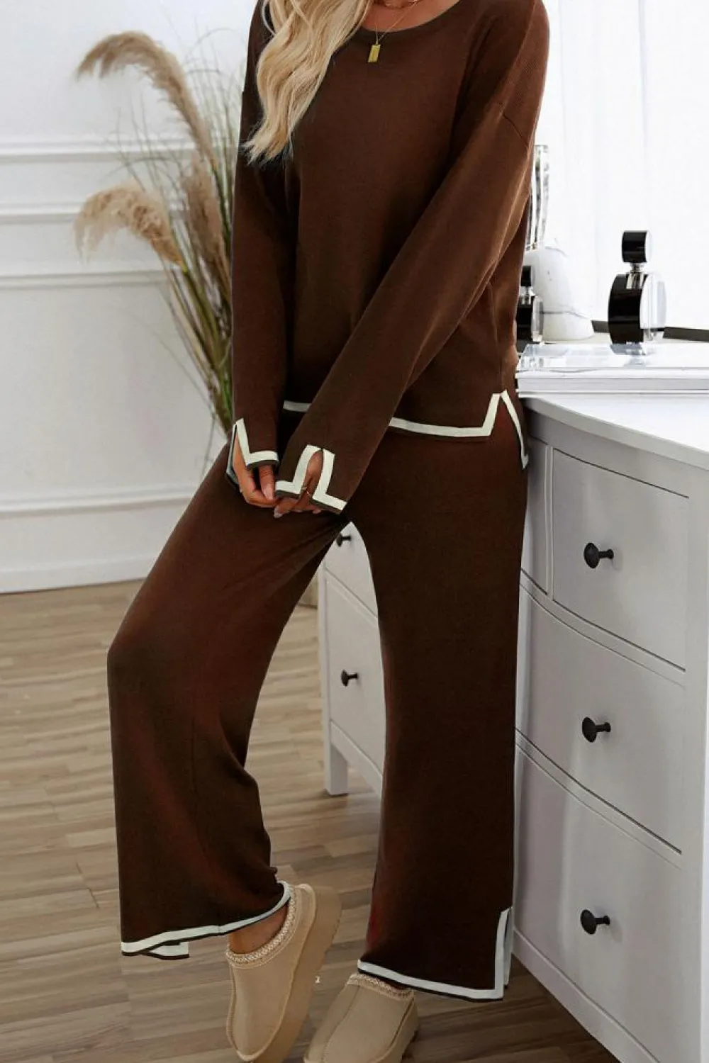 Hot Dear-Lover Contrast Trim Split Cuffs Long 2pcs Sweater Outfit Loungewear Coffee