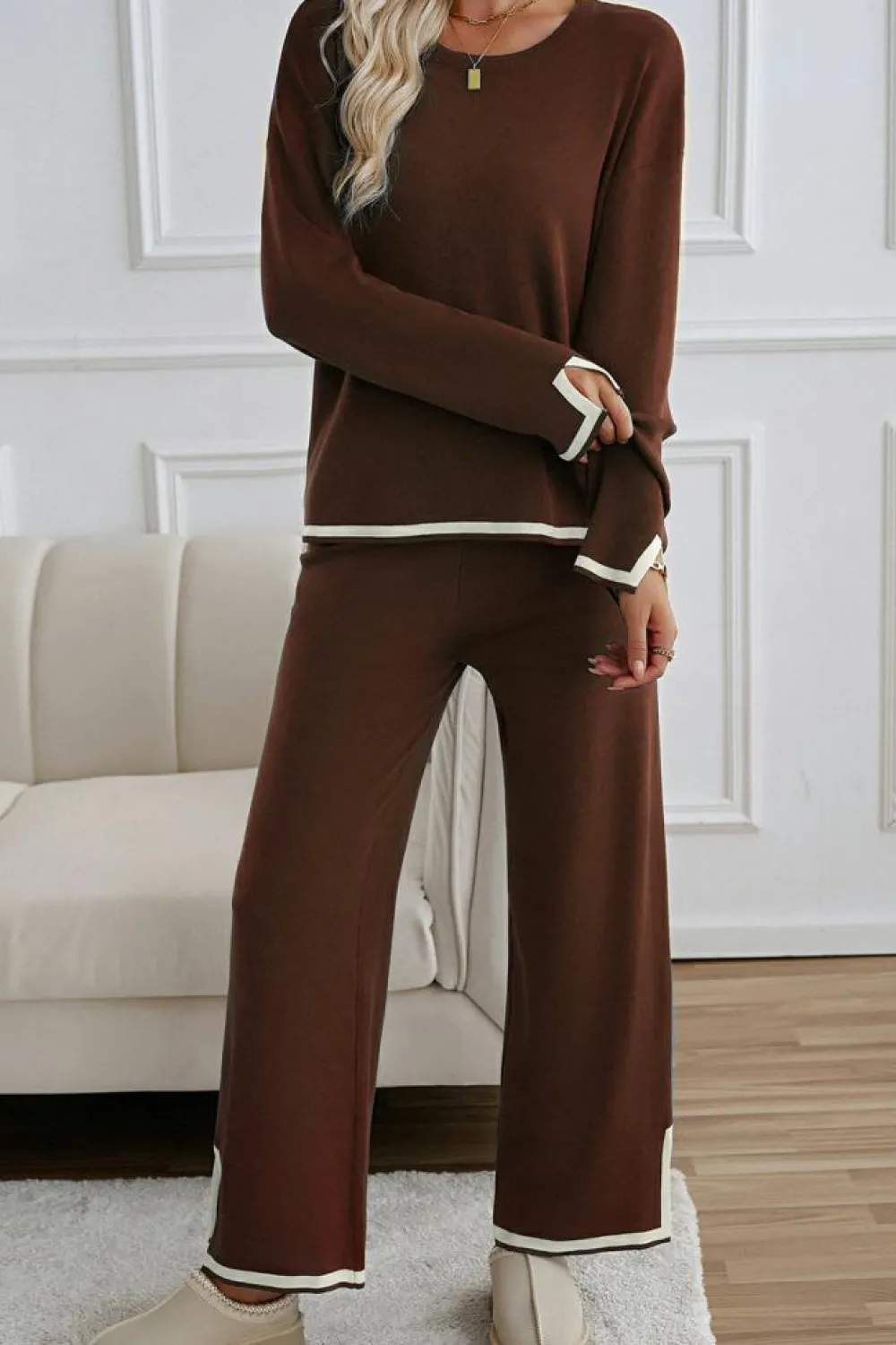 Hot Dear-Lover Contrast Trim Split Cuffs Long 2pcs Sweater Outfit Loungewear Coffee