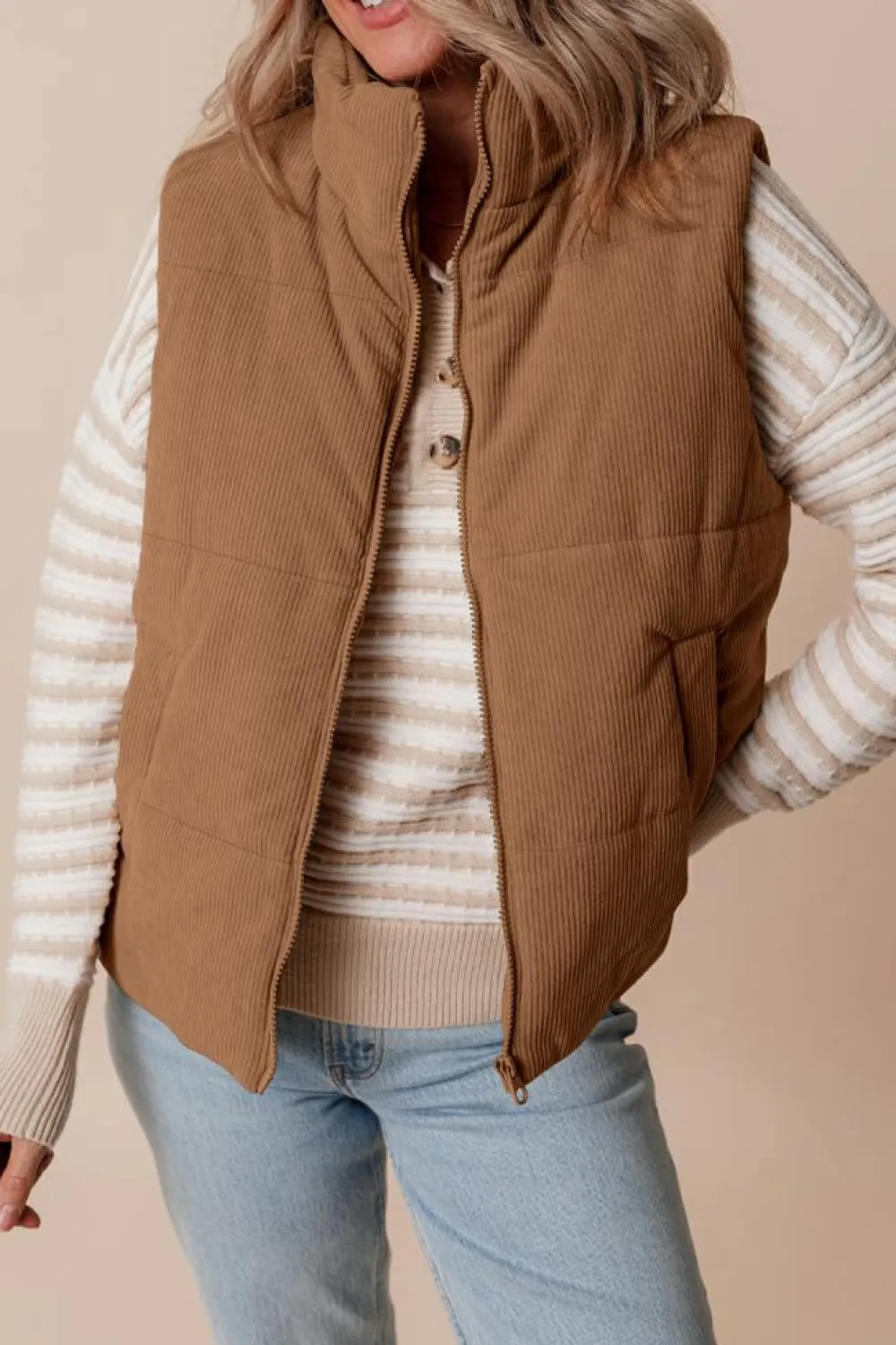 Fashion Dear-Lover Corduroy Stand Neck Zipped Puffer Vest Coffee