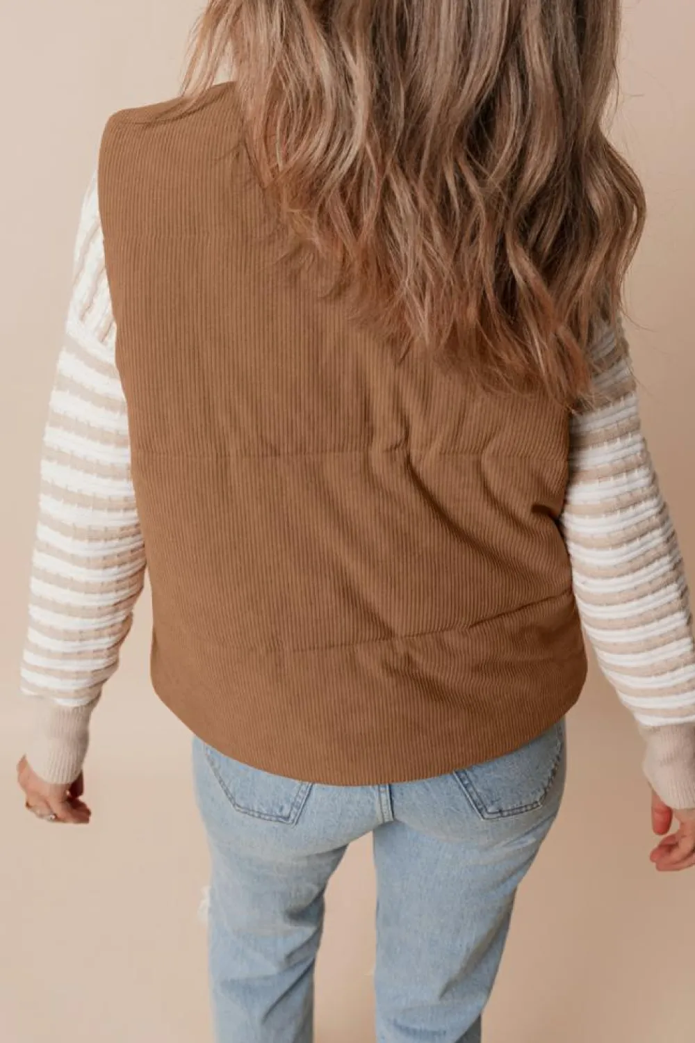 Fashion Dear-Lover Corduroy Stand Neck Zipped Puffer Vest Coffee