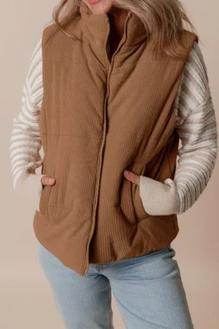 Fashion Dear-Lover Corduroy Stand Neck Zipped Puffer Vest Coffee