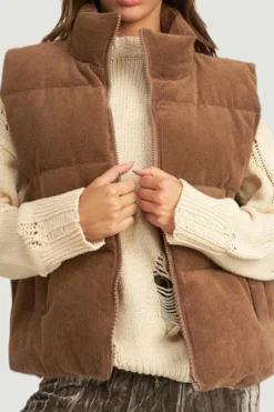 Fashion Dear-Lover Corduroy Stand Neck Zipped Puffer Vest Coffee