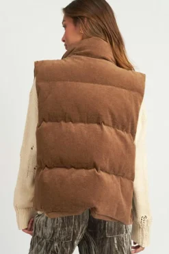 Fashion Dear-Lover Corduroy Stand Neck Zipped Puffer Vest Coffee
