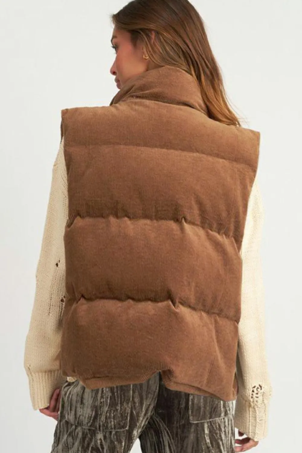 Fashion Dear-Lover Corduroy Stand Neck Zipped Puffer Vest Coffee