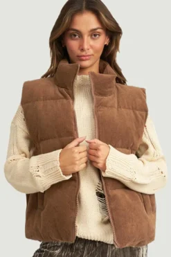 Fashion Dear-Lover Corduroy Stand Neck Zipped Puffer Vest Coffee