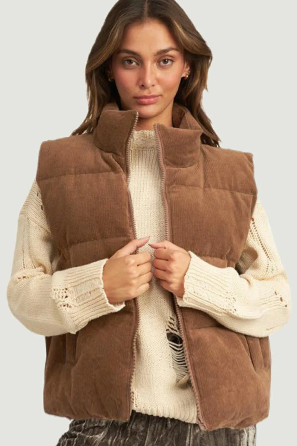 Fashion Dear-Lover Corduroy Stand Neck Zipped Puffer Vest Coffee