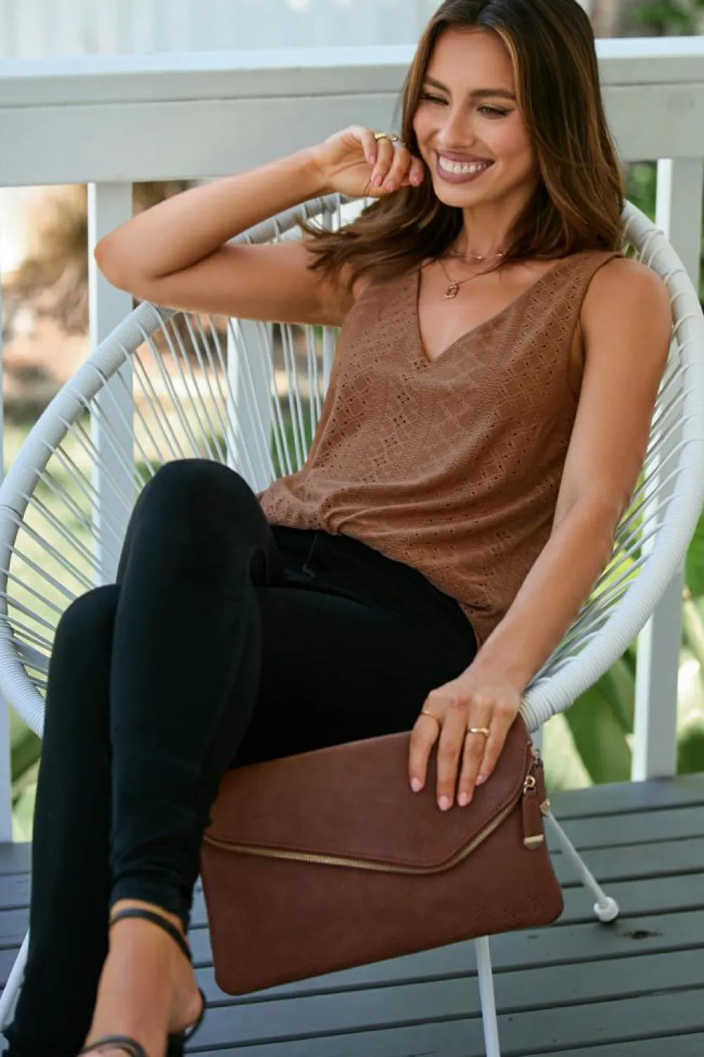 Best Dear-Lover Eyelet Knit Patterned Loose V Neck Tank Top Coffee