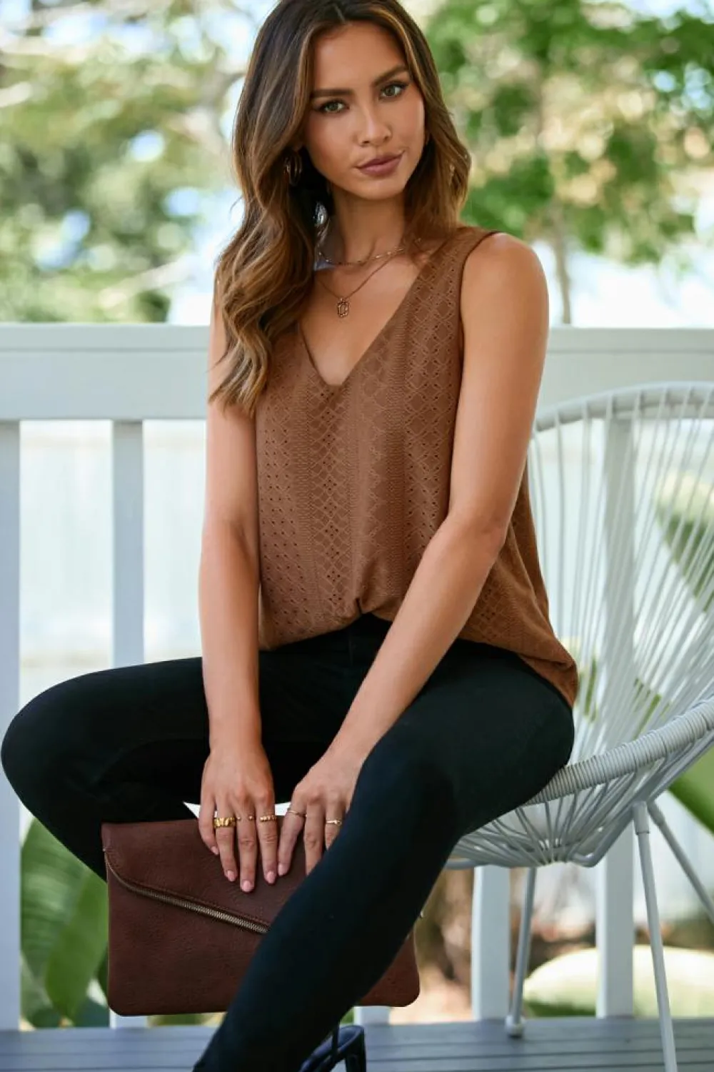 Best Dear-Lover Eyelet Knit Patterned Loose V Neck Tank Top Coffee