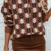 Sale Dear-Lover Floral Print Ribbed Trim Buttoned Cardigan Coffee