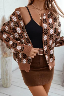 Sale Dear-Lover Floral Print Ribbed Trim Buttoned Cardigan Coffee