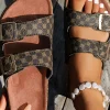 Online Dear-Lover Geometric Print Cut Out Buckle PU Leather Flat Slippers Coffee