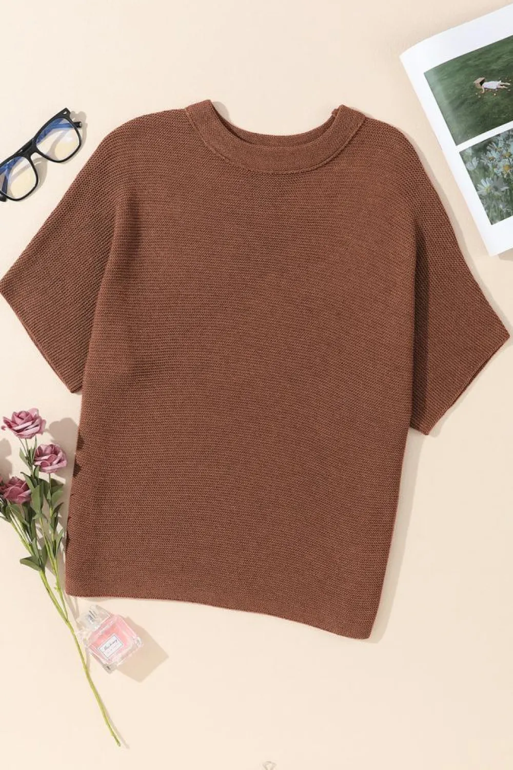 New Dear-Lover High Neck Short Bat Sleeve Sweater Coffee