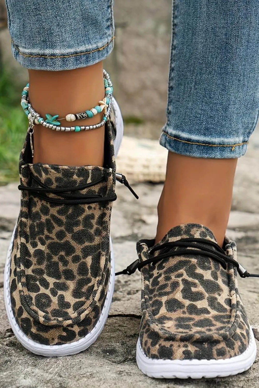 Outlet Dear-Lover Lace-up Decor Leopard Canvas Shoes Coffee
