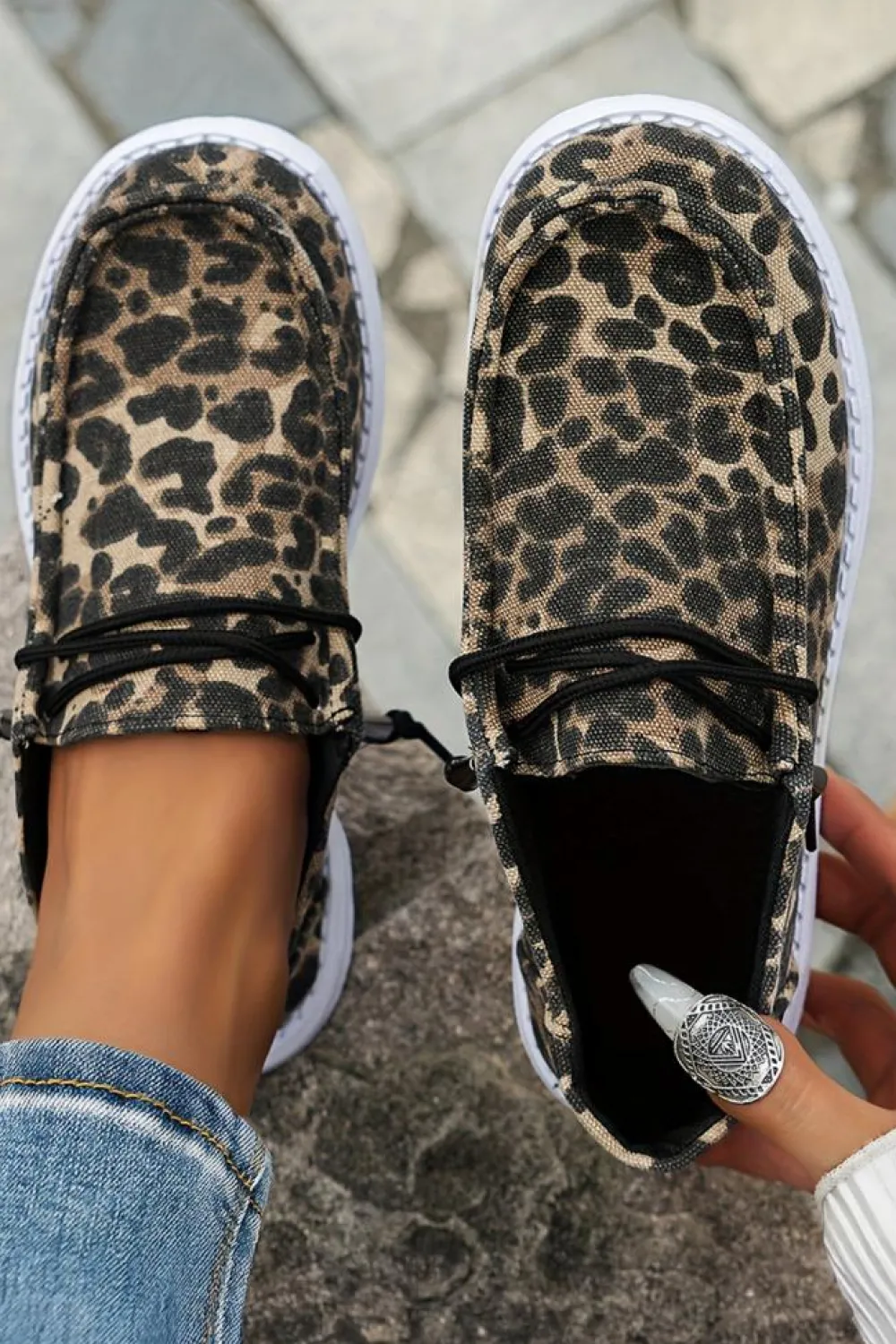 Outlet Dear-Lover Lace-up Decor Leopard Canvas Shoes Coffee