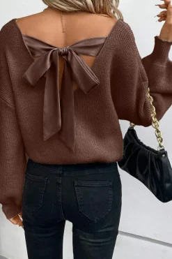 Sale Dear-Lover Lantern Sleeve V Neck Knot Back Sweater Coffee