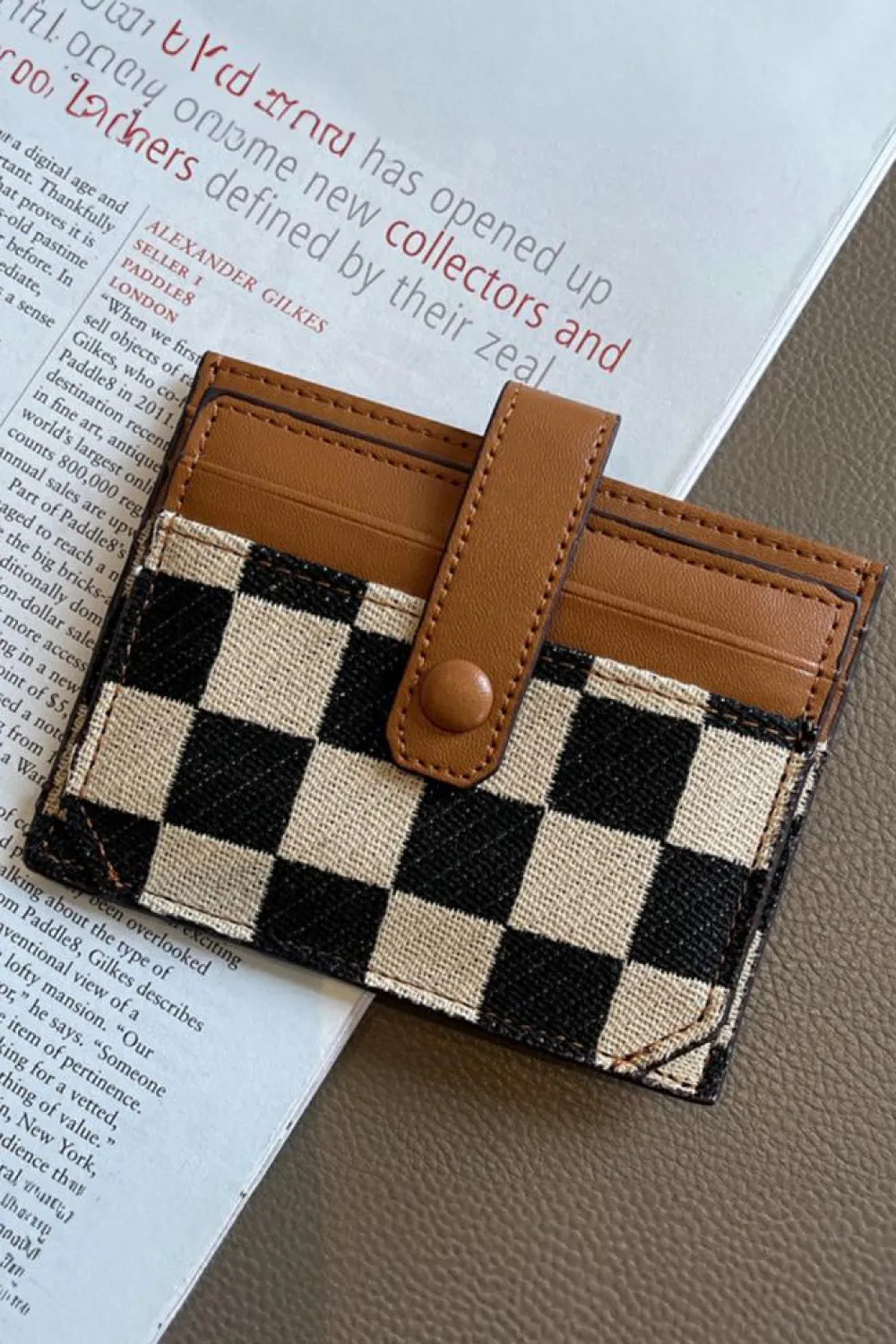 Best Dear-Lover Leather Checkered Canvas Patchwork Card Storage Wallet Coffee