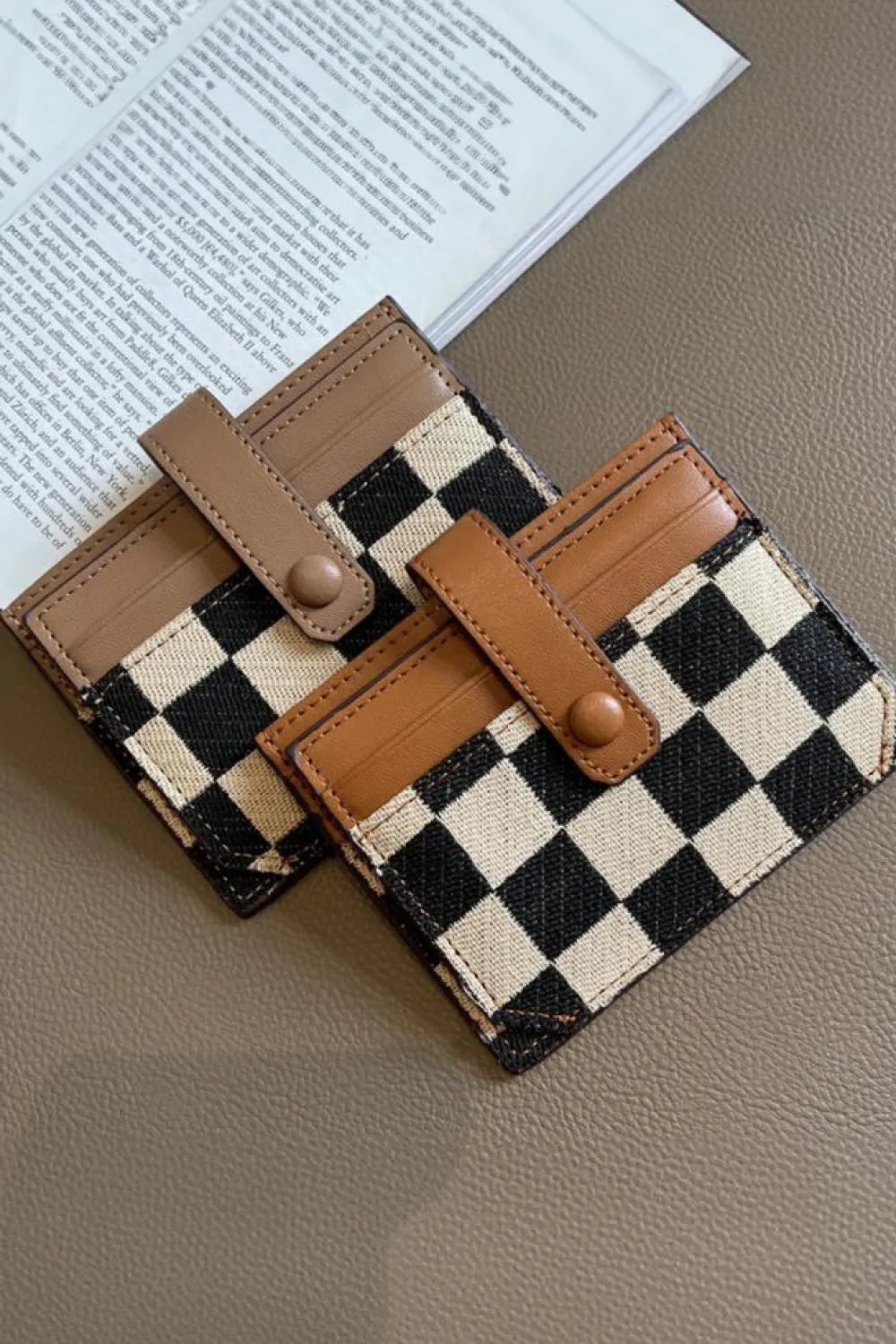 Best Dear-Lover Leather Checkered Canvas Patchwork Card Storage Wallet Coffee