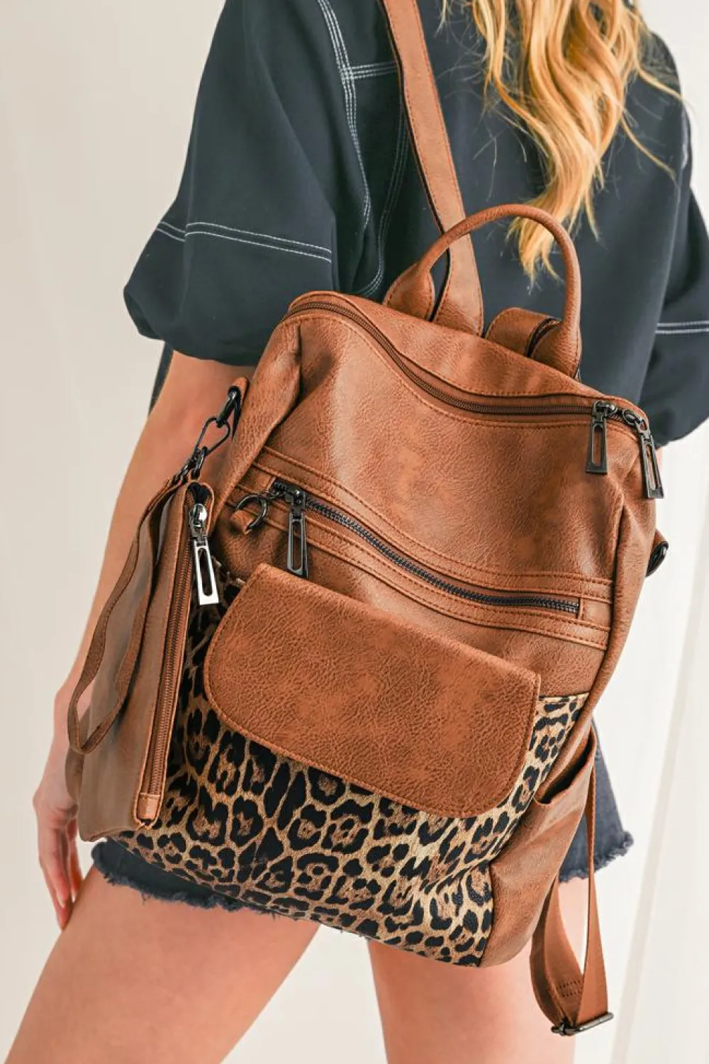 New Dear-Lover Leopard Patchwork PU Leather Functional Backpack Coffee